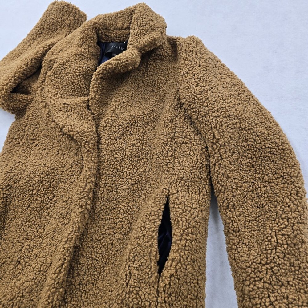 J Crew Teddy Sherpa Topcoat Size XS Lined Pockets Snap Buttons Plush Brown - Picture 7 of 13